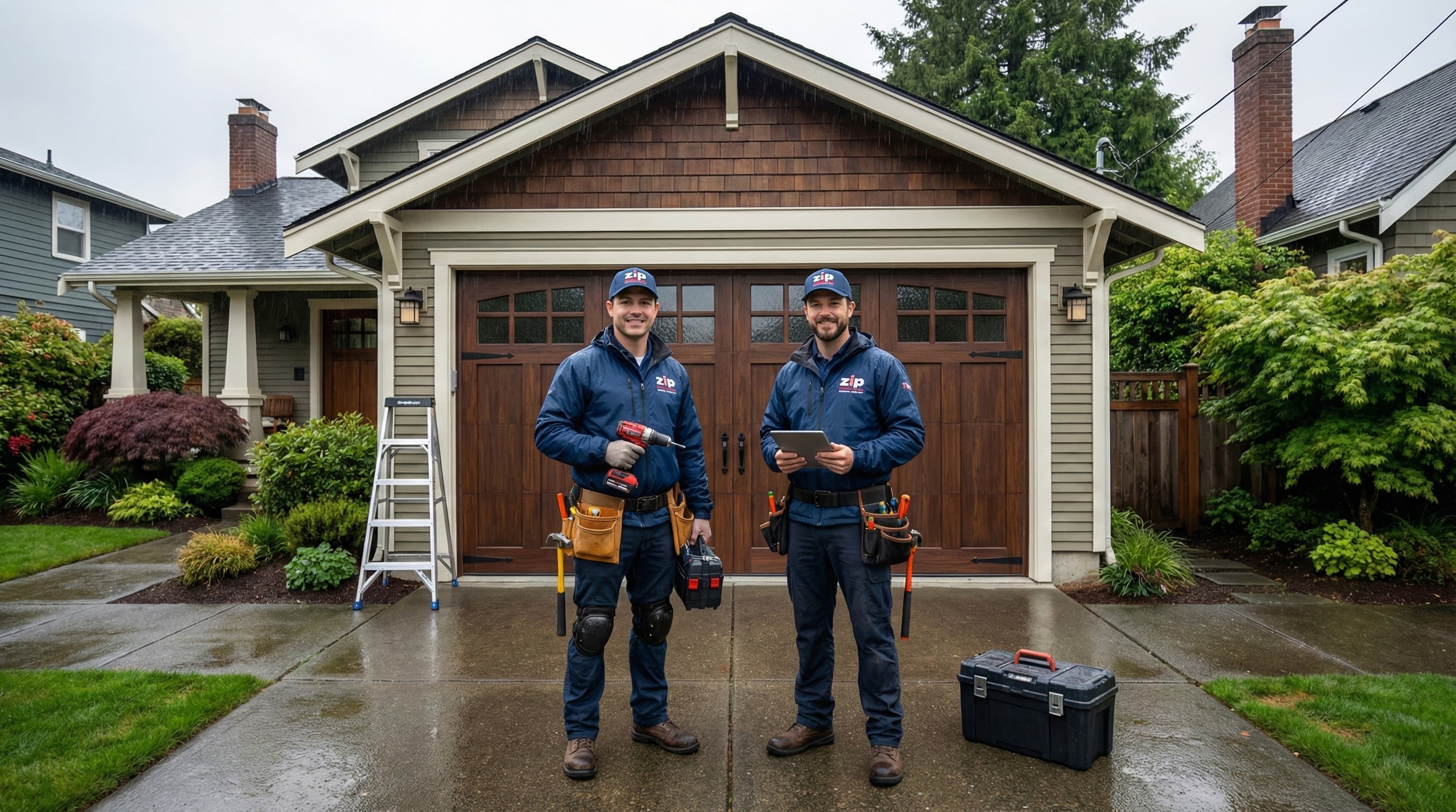 Zip Garage Doors Service Team and Van at Residential Home.jpg in Everett, WA